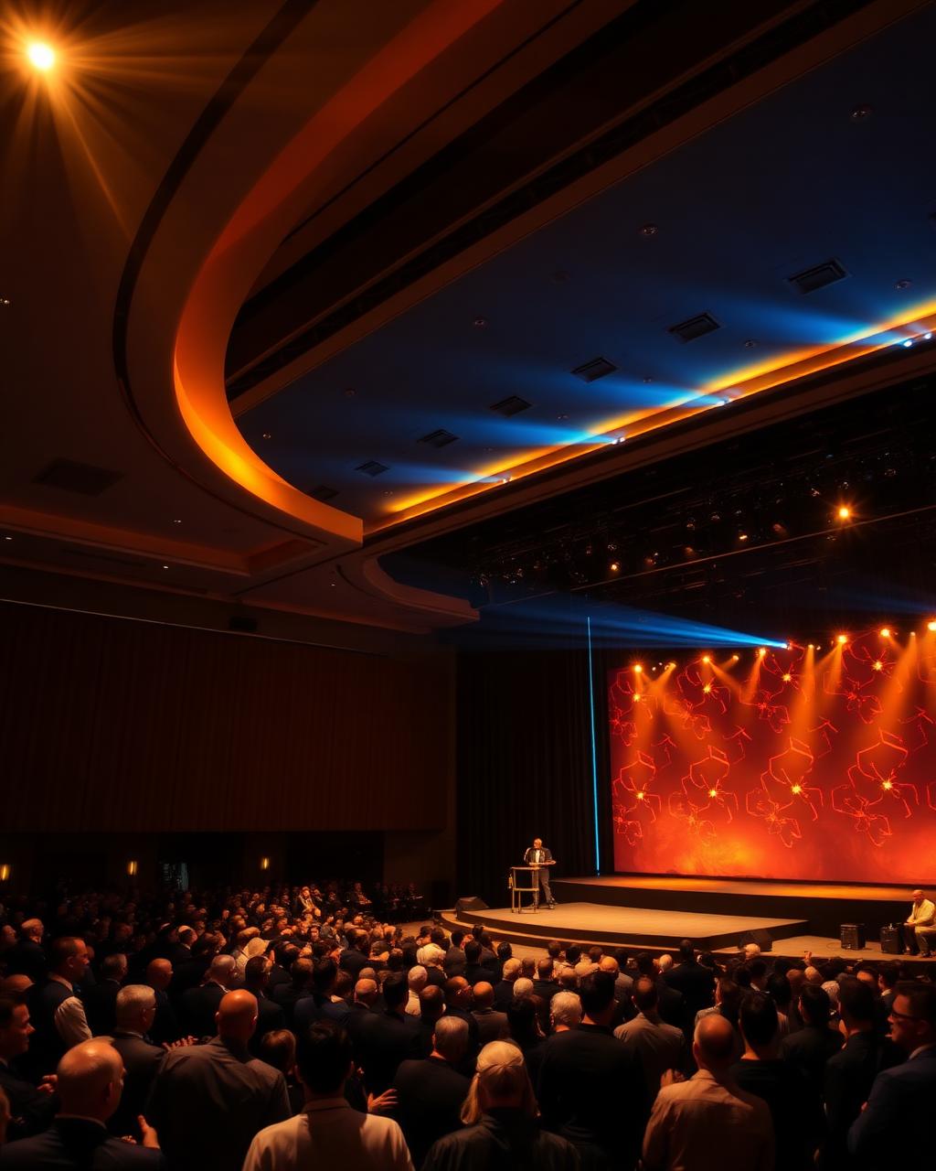 Auditório de evento corporativo iluminado com público, representando eventos e congressos
